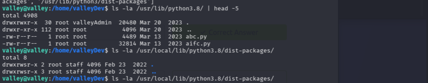 /usr/lib/python3.8/ writable by valleyAdmin — malicious base64.py planted